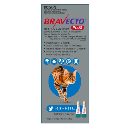 BRAVECTO PLUS CAT MEDIUM BLUE 2.8-6.25KG 2PK