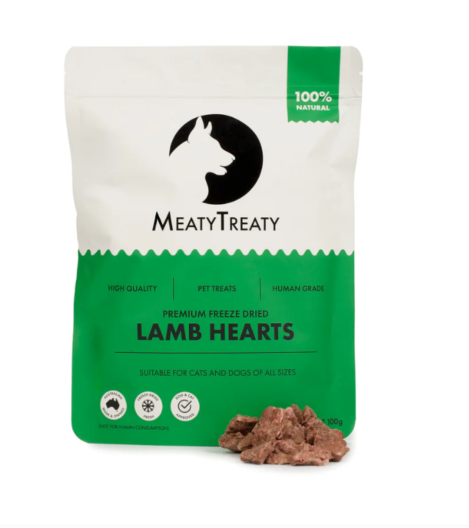 MEATY TREATY CAT & DOG TREATS LAMB HEARTS 100G