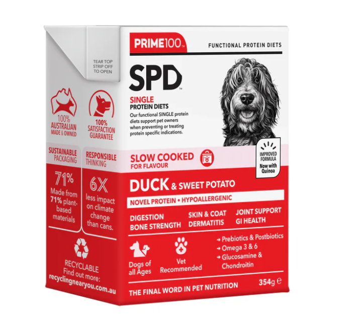 PRIME100 SPD SLOW COOKED DUCK & SWEET POTATO 354G