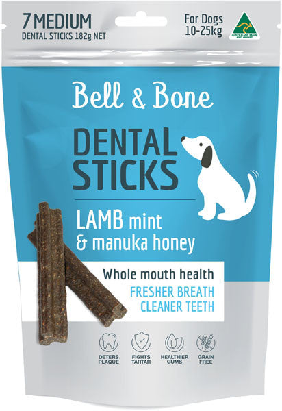 BELL & BONE DENTAL STICKS LAMB, MINT & MANUKA HONEY MEDIUM 182G