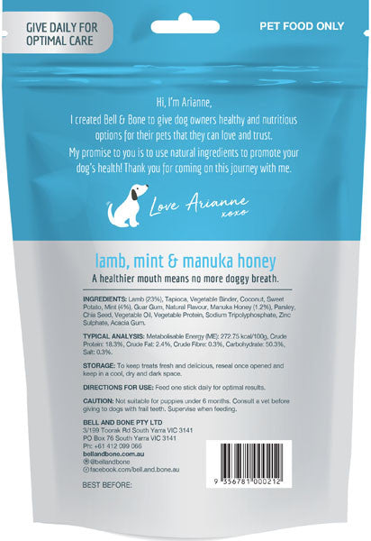 BELL & BONE DENTAL STICKS LAMB, MINT & MANUKA HONEY MEDIUM 182G